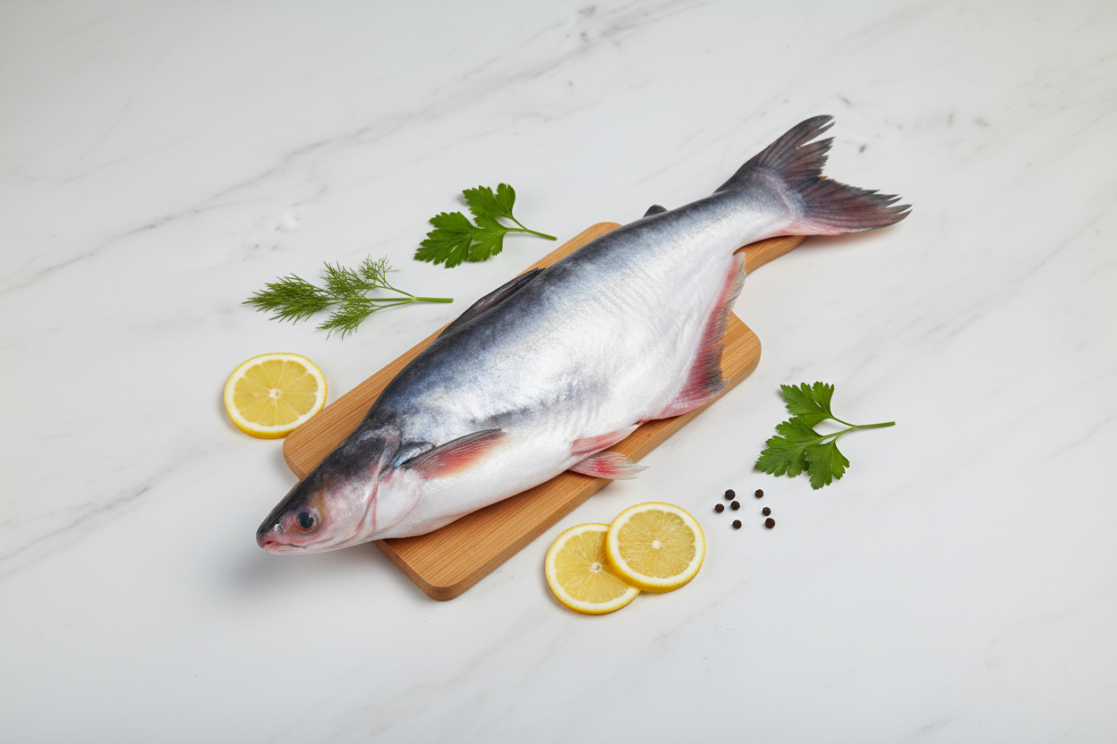 Indian Basa whole fish displayed on a clean, elegant background with nutrient icons and premium taglines, highlighting freshness, hygiene, and VTF’s safe‑food quality standards