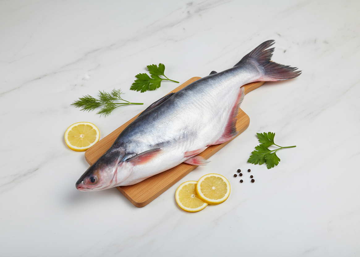 Indian Basa whole fish displayed on a clean, elegant background with nutrient icons and premium taglines, highlighting freshness, hygiene, and VTF’s safe‑food quality standards