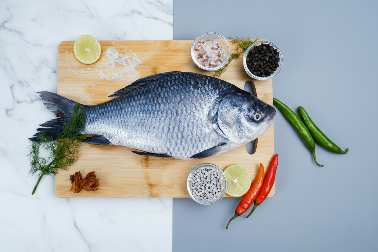 Fresh Catla whole fish displayed on a clean, elegant background with nutrient icons and premium taglines, highlighting hygiene, freshness, and VTF’s safe‑food quality standards