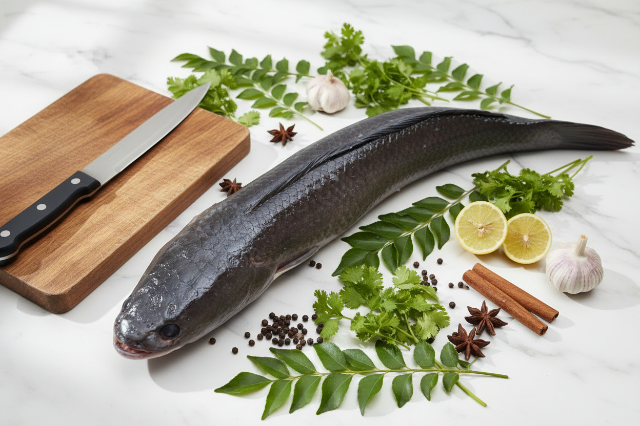 Murrel whole fish displayed on a clean, elegant background with nutrient icons and premium taglines, highlighting hygiene, freshness, and VTF’s safe‑food quality standards.