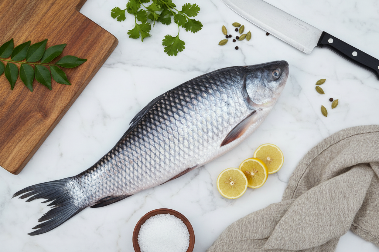 Fresh Rohu whole fish displayed on a clean, elegant background with nutrient icons and premium taglines, highlighting hygiene, freshness, and VTF’s safe‑food quality standards