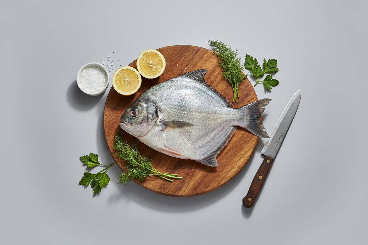 Premium Roopchand whole fish, cleaned and displayed on an elegant background with nutrient icons, highlighting freshness, hygiene, and VTF’s upper‑class quality standards.