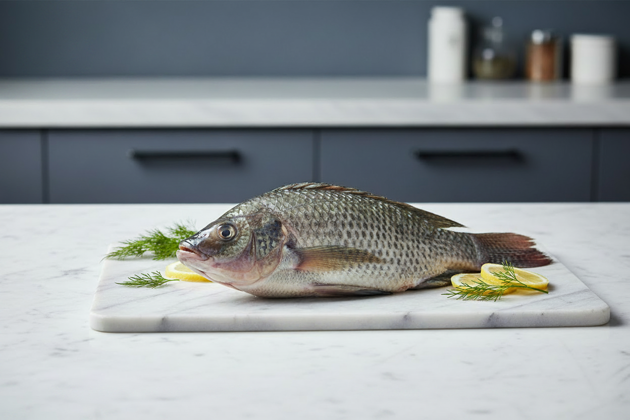 Raw fish on a wooden cutting board with a knife, lemon, and herbs, featuring protein and health text.