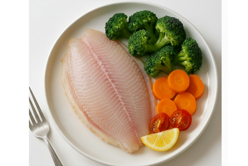 Plated dish with fish fillet, broccoli, carrots, and tomatoes on a white plate.