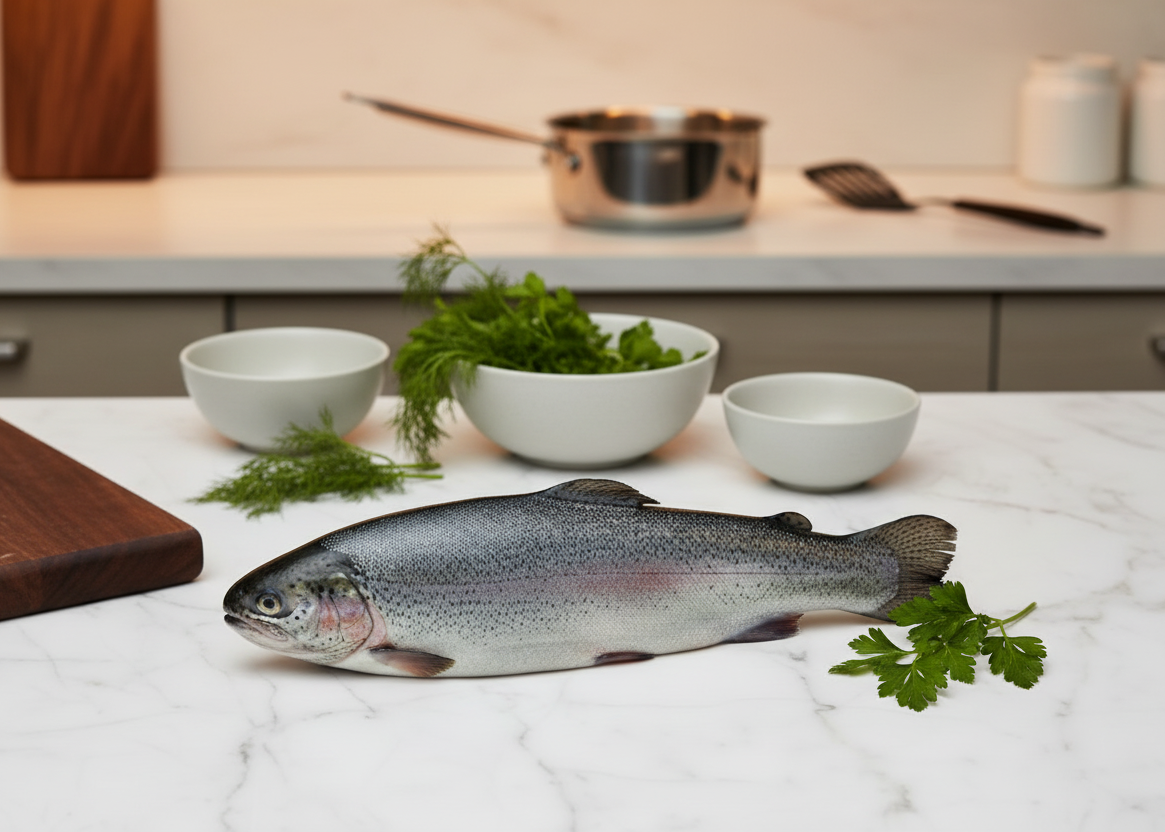 Fresh Himalayan Trout whole fish displayed on a clean, elegant background with nutrient icons and premium taglines, highlighting hygiene, freshness, and VTF’s safe‑food quality standards.