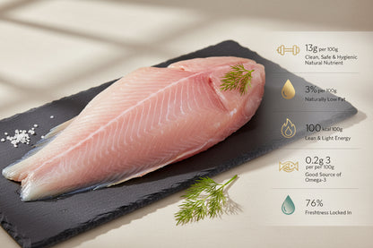 Indian Basa whole boneless fillet displayed on a clean, elegant background with nutrient icons, highlighting freshness, hygiene, and VTF’s premium upper‑class quality standards