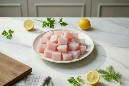 “Plain Indian Basa fish cubes arranged neatly on a clean kitchen plate, shown without spices or coatings, highlighting freshness, hygiene, and VTF’s premium safe‑food standards.”