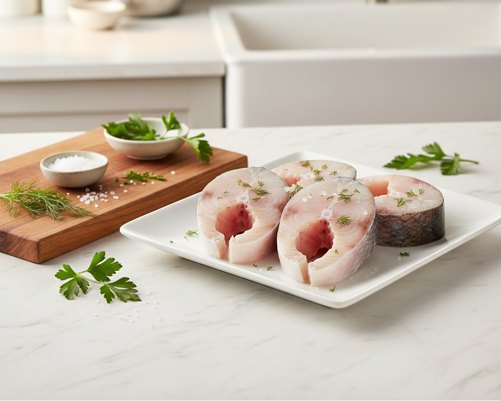 Four raw fish Basa steaks with skin, seasoned with sea salt and chopped dill, arranged on a white square plate against a clean white background.