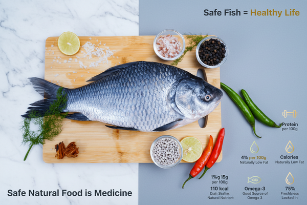 Fresh Catla whole fish displayed on a clean, elegant background with nutrient icons and premium taglines, highlighting hygiene, freshness, and VTF’s safe‑food quality standards
