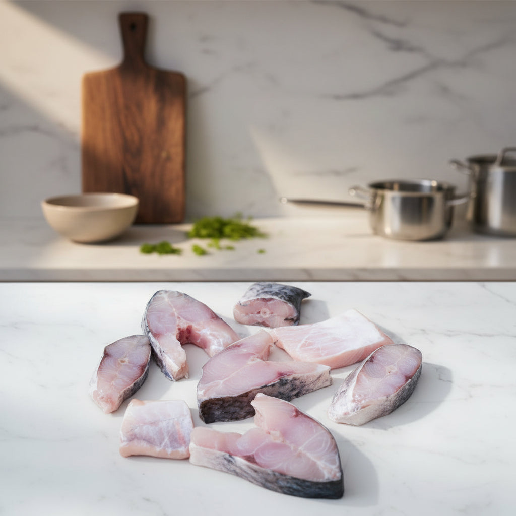 Fresh Catla Bengali‑cut fish pieces displayed on a clean, elegant background with nutrient icons and premium taglines, highlighting hygiene, freshness, and FISHNESS safe‑food quality standards