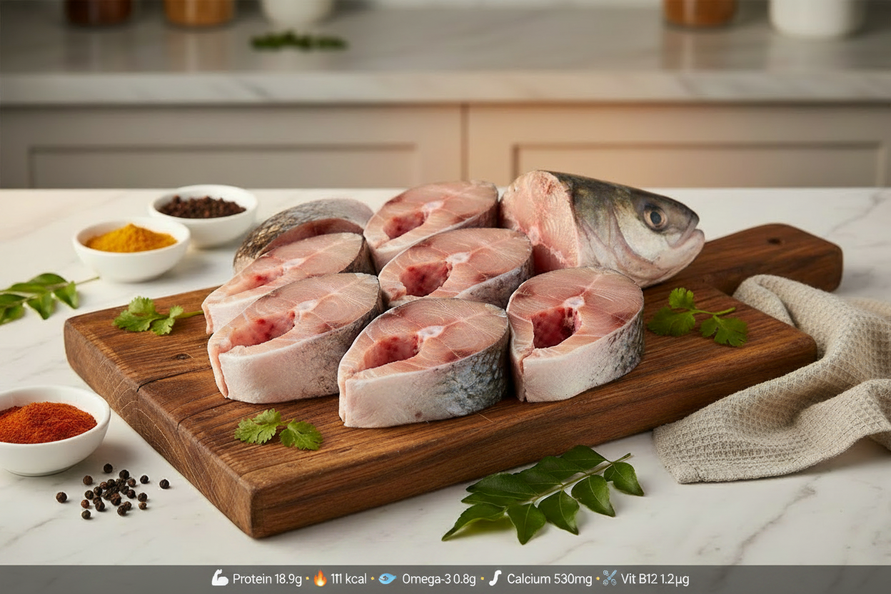 Raw fish fillets on a wooden cutting board with spices in the background