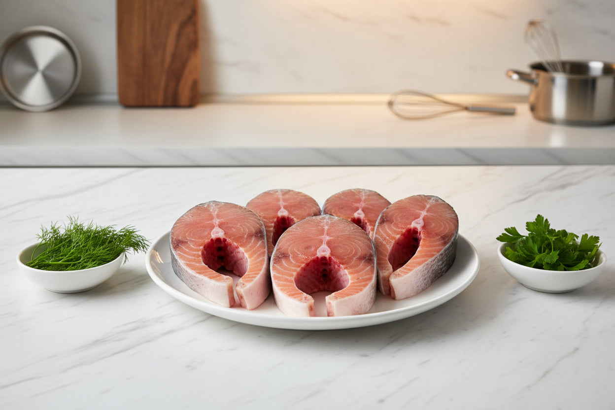 “Plain Catla fish steaks arranged neatly on a clean kitchen plate, highlighting natural texture, fresh cut quality, and VTF’s premium hygienic standards.”