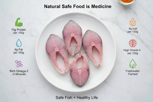 “Plain Catla fish steaks arranged neatly on a clean kitchen plate, highlighting natural texture, fresh cut quality, and VTF’s premium hygienic standards.”
