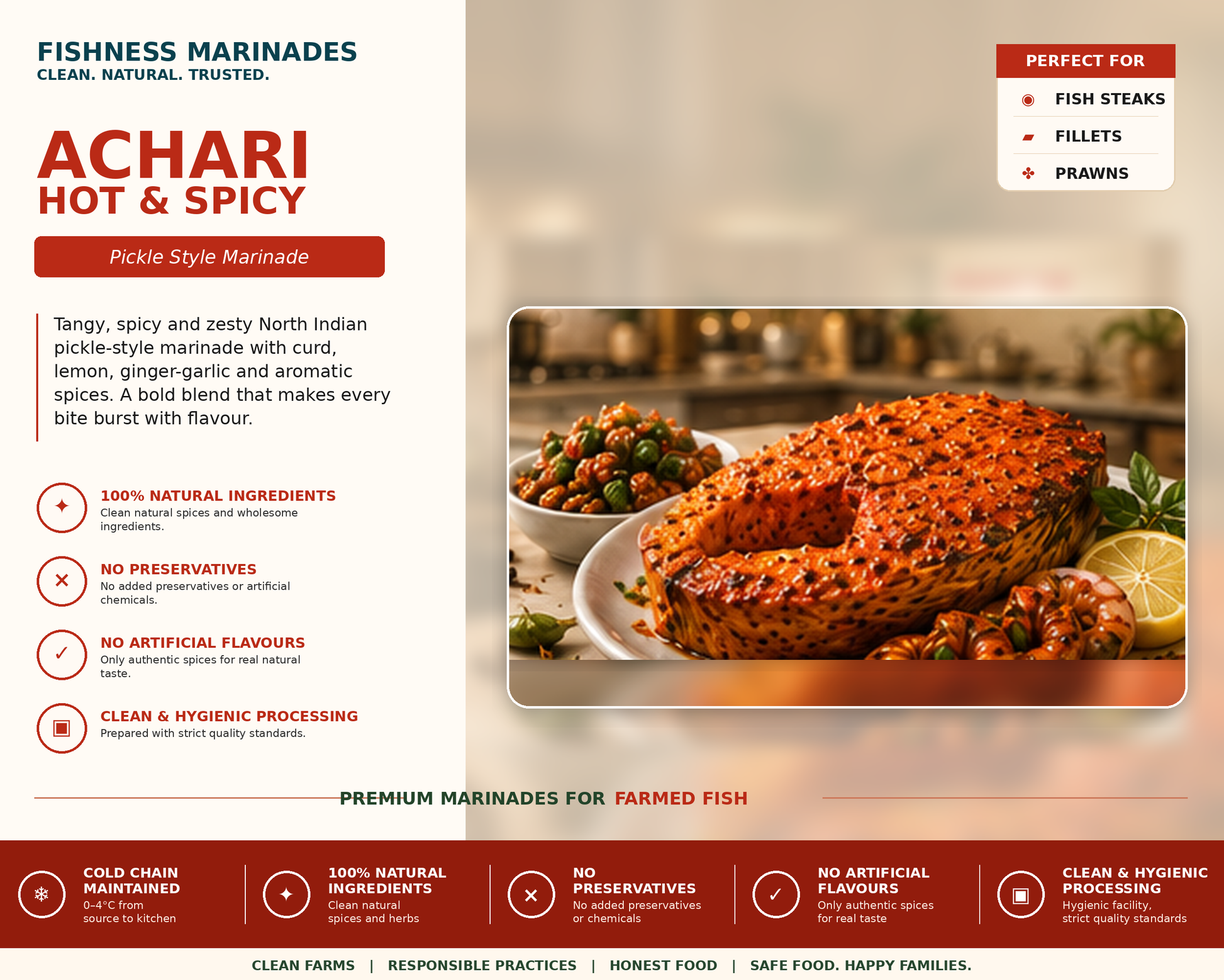 A promotional flyer for Achari Hot & Spicy Pickle Style Marinade by Fishiness Marinades. The flyer features a white and red layout with text detailing the product's benefits, ingredients, and suitability for fish steaks, fillets, and prawns, alongside a photo of the prepared food showing the marinated fish with garnish.