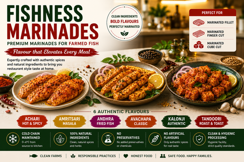 Promotional graphic for Fishness Marinades showing prepared marinated fish on plates with spice blends, garlic, onions, and lemon slices. The design includes flavor callouts such as Achari, Amritsari Masala, Andhra Fried Fish, Avachapa Classic, Kalonji Authentic, and Tandoori Roast & Toast, plus product benefits and a clean white background.