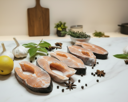Fresh Himalayan Trout slices displayed on a clean, elegant background with nutrient icons and premium taglines, highlighting hygiene, freshness, and VTF’s safe‑food quality standards.