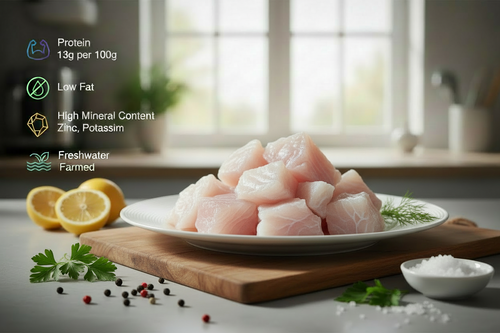 “Plain Indian Basa fish cubes arranged neatly on a clean kitchen plate, shown without spices or coatings, highlighting freshness, hygiene, and VTF’s premium safe‑food standards.”