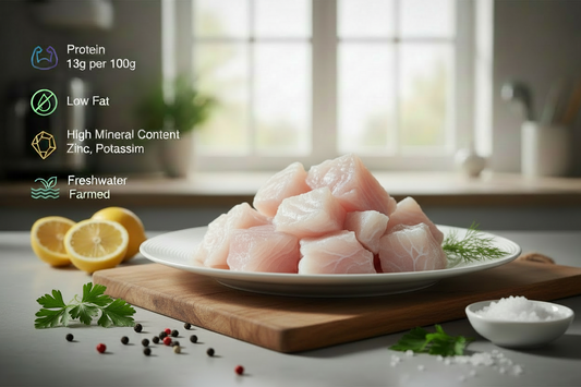 “Plain Indian Basa fish cubes arranged neatly on a clean kitchen plate, shown without spices or coatings, highlighting freshness, hygiene, and VTF’s premium safe‑food standards.”
