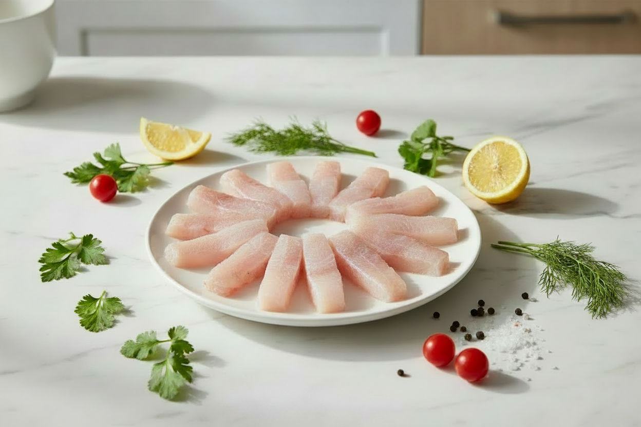 “Plain Indian Basa fish fingers arranged neatly on a clean kitchen plate, shown without spices or bread crumbs, highlighting freshness, hygiene, and VTF’s premium safe‑food standards.”