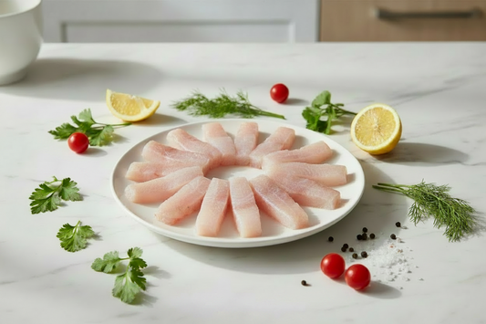 “Plain Indian Basa fish fingers arranged neatly on a clean kitchen plate, shown without spices or bread crumbs, highlighting freshness, hygiene, and VTF’s premium safe‑food standards.”