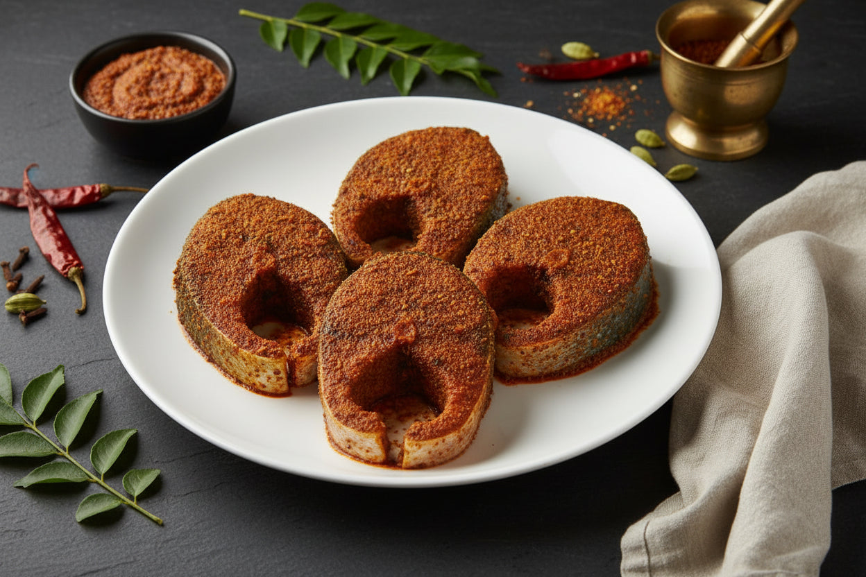 “Catla fish steaks coated with authentic Kongu‑style Indian spices, arranged neatly on a clean plate, highlighting natural texture, fresh cut quality, and VTF’s premium hygienic preparation.”