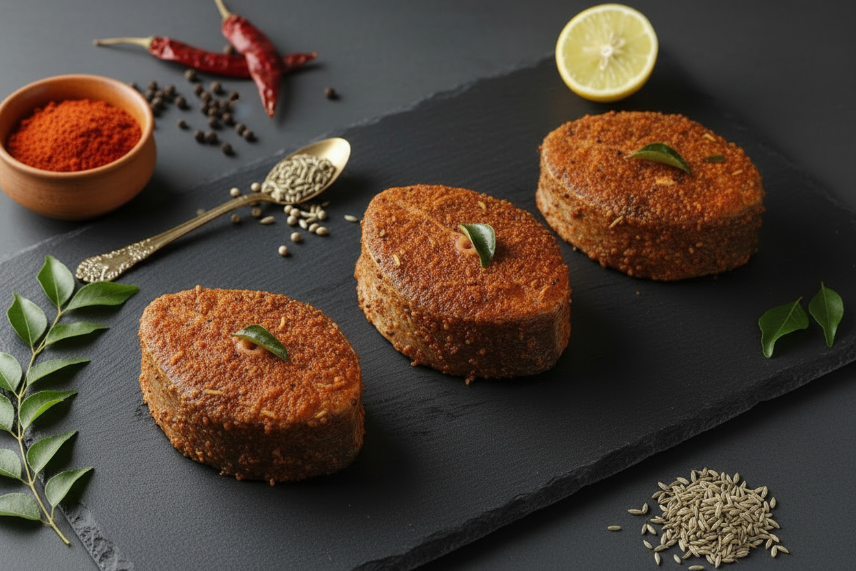 “Kongu‑style spiced Catla fish steaks arranged neatly on a clean plate, showcasing natural texture, fresh cut quality, and VTF’s premium hygienic preparation.”