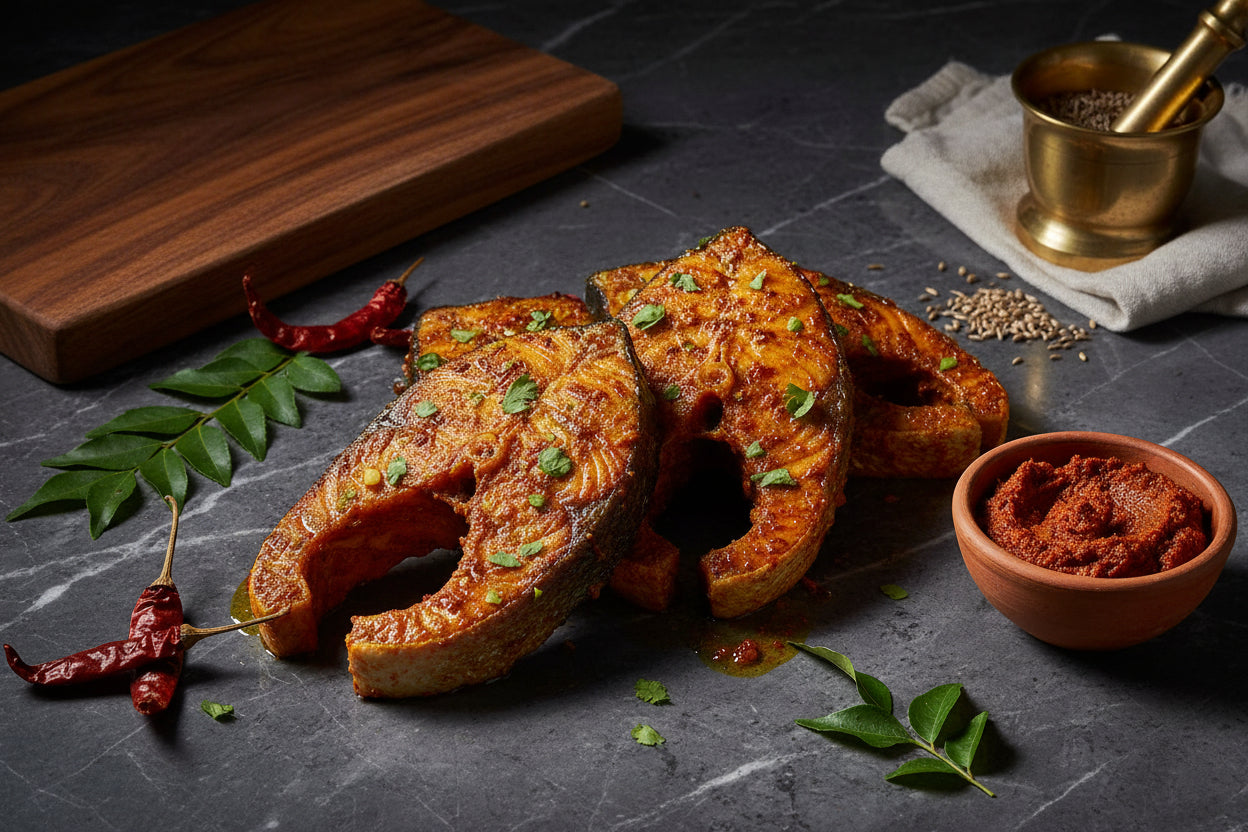 “Kongu spiced Roopchand fish steaks displayed on a clean, elegant background with clear nutritional icons, highlighting freshness, hygiene, and VTF’s premium healthy and safe food standards.”