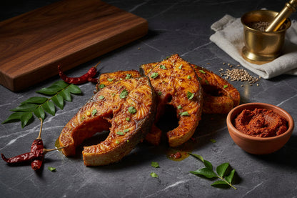 “Kongu spiced Roopchand fish steaks displayed on a clean, elegant background with clear nutritional icons, highlighting freshness, hygiene, and VTF’s premium healthy and safe food standards.”