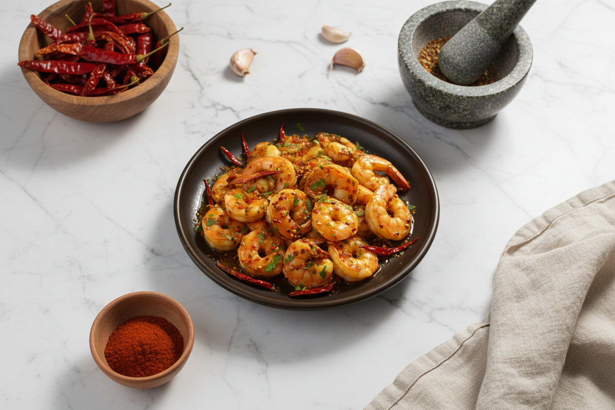 “Kongu spiced shrimp arranged on a clean, elegant background with clear nutritional icons, highlighting freshness, hygiene, and VTF’s premium healthy and safe food standards.”