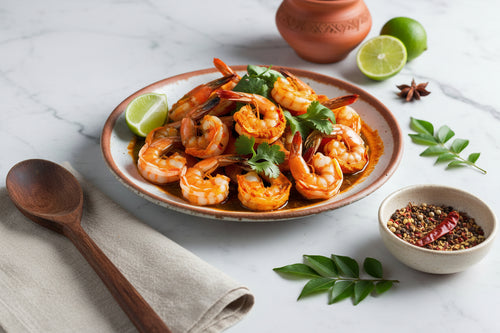 “Kongu spiced shrimp arranged on a clean, elegant background with clear nutritional icons, highlighting freshness, hygiene, and VTF’s premium healthy and safe food standards.”