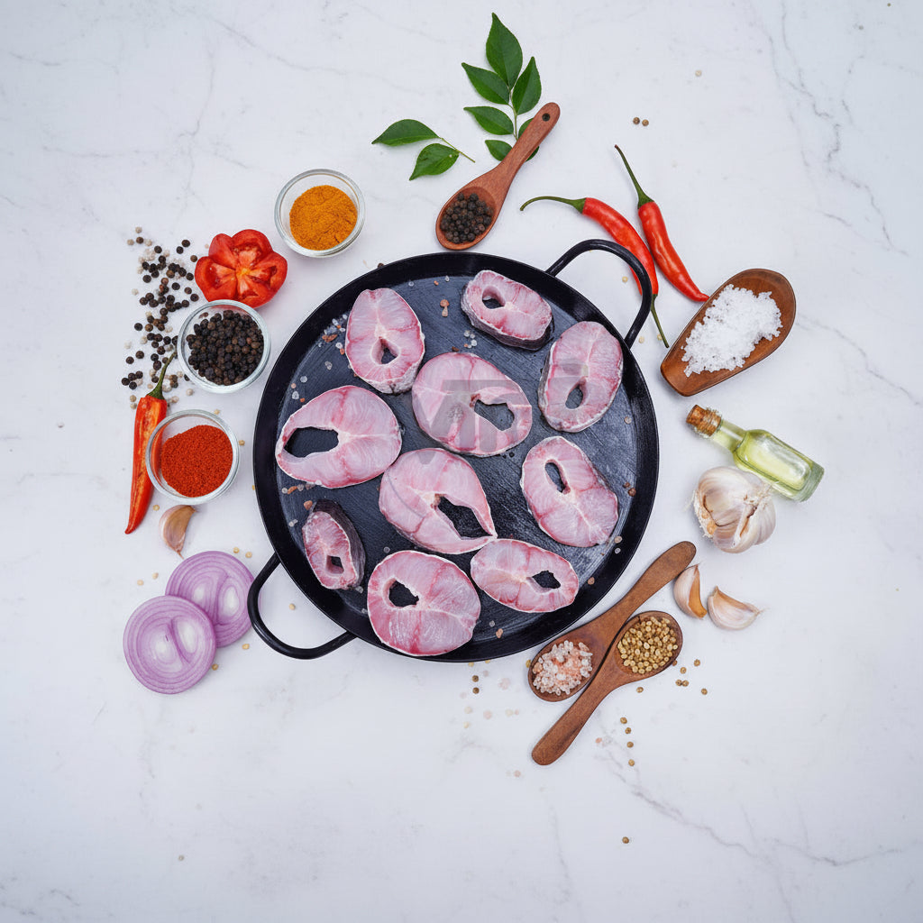 Murrel fish slices displayed on a clean, elegant background with nutrient icons and premium taglines, highlighting hygiene, freshness, and VTF’s safe‑food quality standards