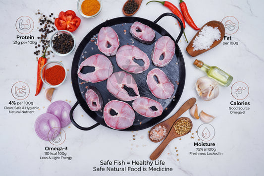 Murrel fish slices displayed on a clean, elegant background with nutrient icons and premium taglines, highlighting hygiene, freshness, and VTF’s safe‑food quality standards