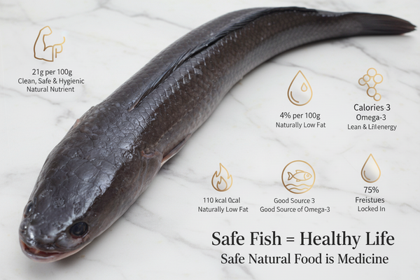 Murrel whole fish displayed on a clean, elegant background with nutrient icons and premium taglines, highlighting hygiene, freshness, and VTF’s safe‑food quality standards.