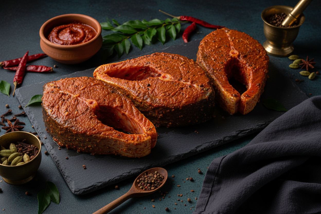 Nilgiris spiced Roopchand fish steaks arranged on a clean, elegant background with clear nutritional icons and a premium ready‑to‑cook convenience tagline, highlighting freshness, hygiene, and VTF’s healthy, safe food standards.