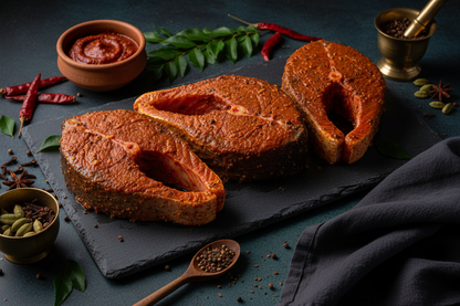 Nilgiris spiced Roopchand fish steaks arranged on a clean, elegant background with clear nutritional icons and a premium ready‑to‑cook convenience tagline, highlighting freshness, hygiene, and VTF’s healthy, safe food standards.