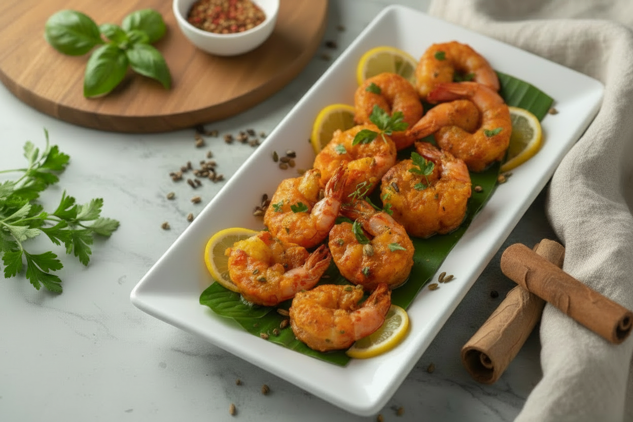 Nilgiris spiced shrimp displayed on a clean, elegant background with explicit nutritional icons—including 33 g protein—and a premium ready‑to‑cook convenience tagline, highlighting freshness, hygiene, and VTF’s healthy, safe food standards