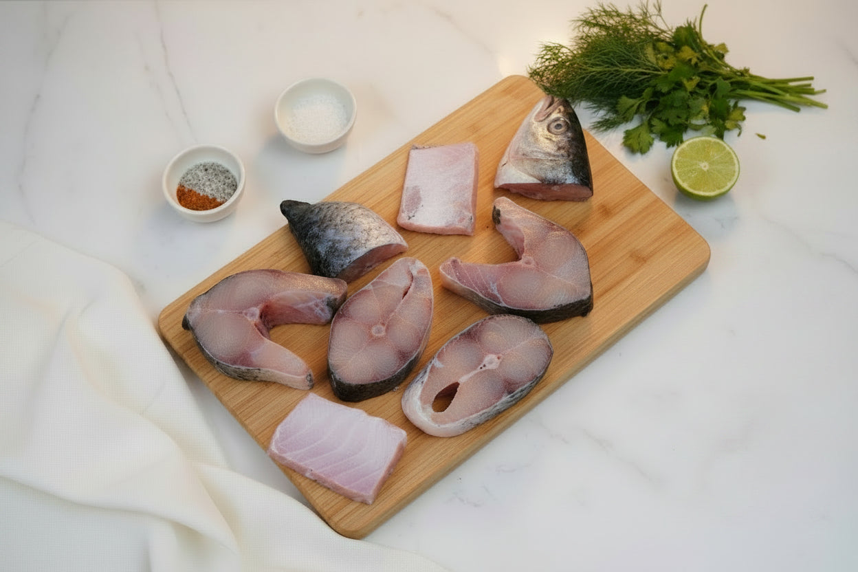 Fresh Rohu curry‑cut fish pieces displayed on a clean, elegant background with nutrient icons and premium taglines, highlighting hygiene, freshness, and VTF’s safe‑food quality standards