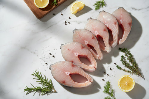 “Premium Roopchand fish steaks, neatly sliced and displayed on a clean, elegant background, showcase Safe, Clean & hygiene, and ready‑to‑cook quality.