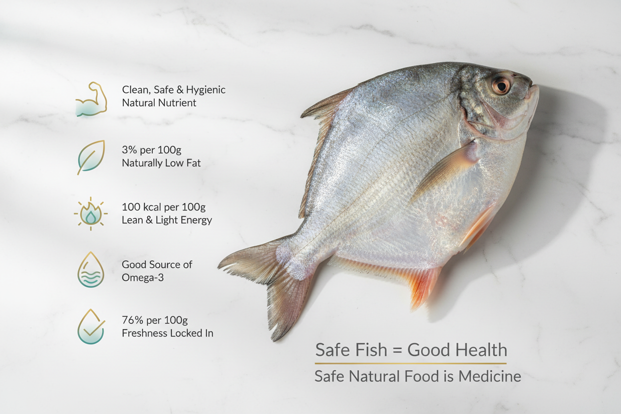 Premium Roopchand whole fish, cleaned and displayed on an elegant background with nutrient icons, highlighting freshness, hygiene, and VTF’s upper‑class quality standards.