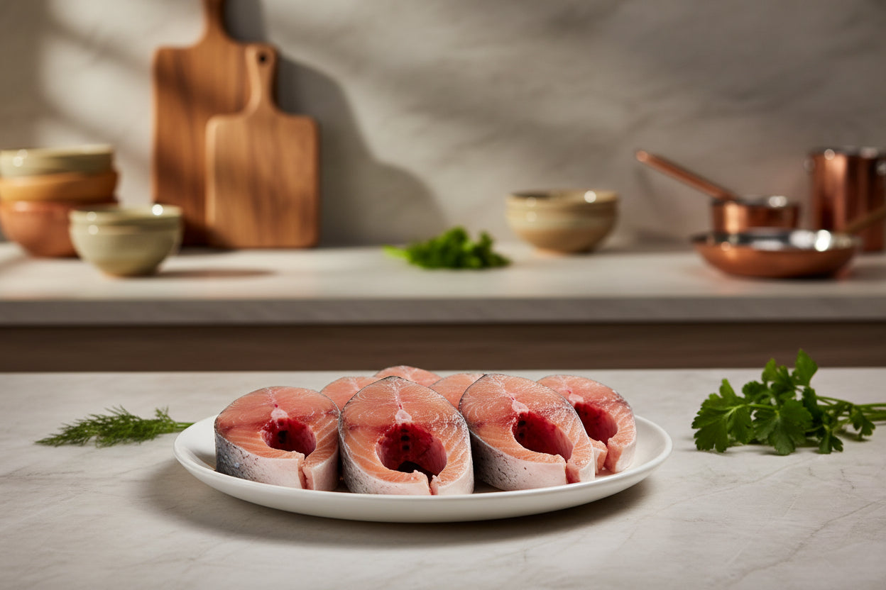 “Fresh Rohu fish steaks arranged neatly on a clean plate, showcasing natural pinkish‑white texture, circular steak cuts, and VTF’s premium hygienic preparation.”
