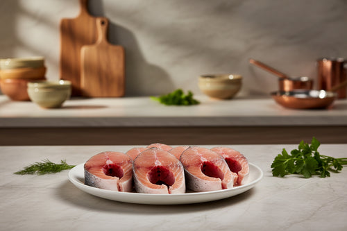 “Fresh Rohu fish steaks arranged neatly on a clean plate, showcasing natural pinkish‑white texture, circular steak cuts, and VTF’s premium hygienic preparation.”