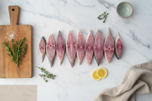 Fresh Pompano fish slices displayed on a clean, elegant background with nutrient icons and premium taglines, highlighting hygiene, freshness, and VTF’s safe‑food quality standards