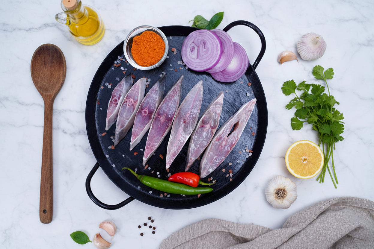 Fresh Pompano fish slices displayed on a clean, elegant background with nutrient icons and premium taglines, highlighting hygiene, freshness, and VTF’s safe‑food quality standards