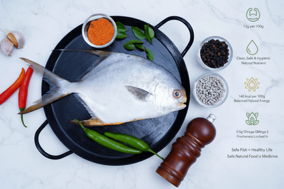 Fresh Pompano whole fish displayed on a clean, elegant background with nutrient icons and premium taglines, highlighting hygiene, freshness, and VTF’s safe‑food quality standards