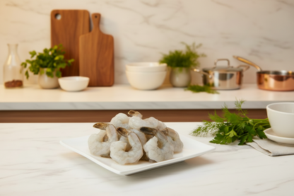 Fresh small shrimps displayed on a clean, elegant background with nutrient icons, highlighting hygiene, premium quality, and VTF’s safe‑food standards..