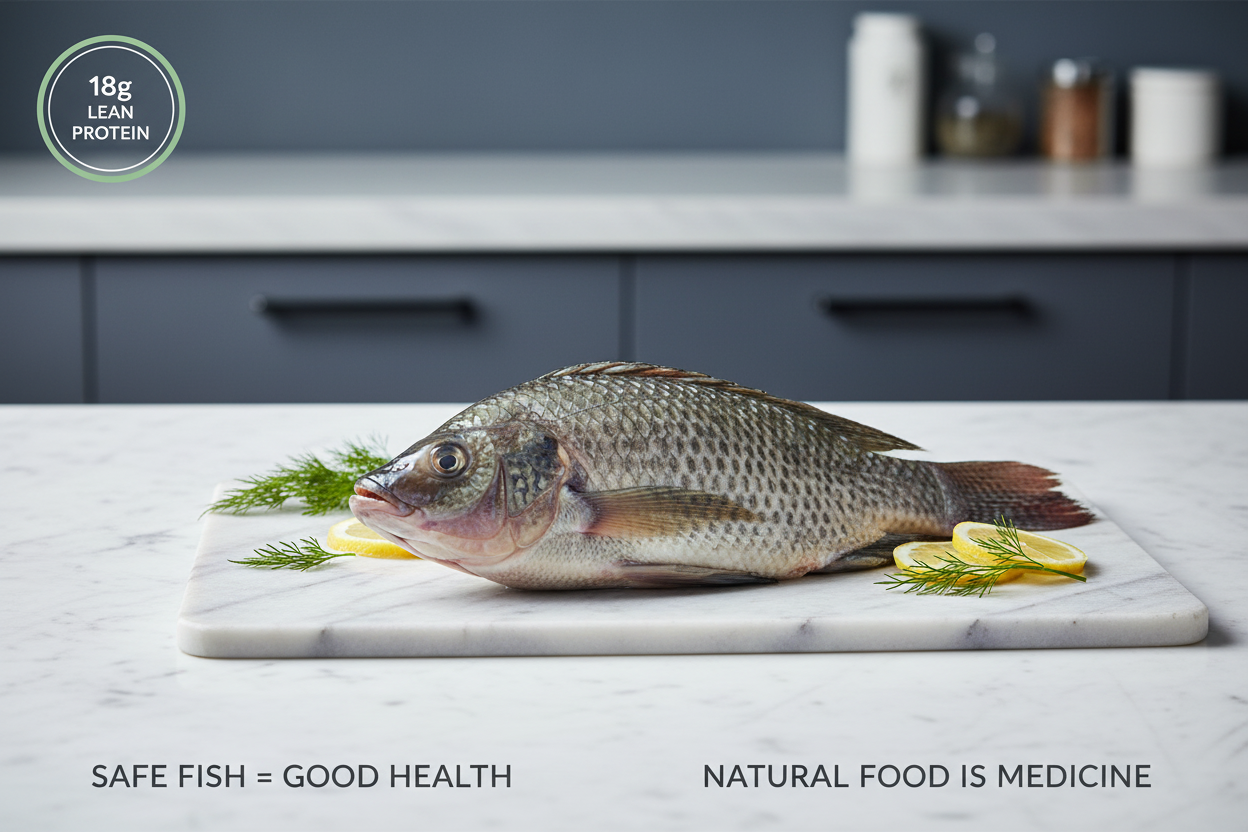 Raw fish on a wooden cutting board with a knife, lemon, and herbs, featuring protein and health text.