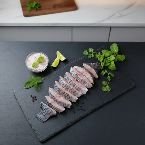 Sliced tilapia fish on a wooden cutting board with lemon slices and herbs in the background.