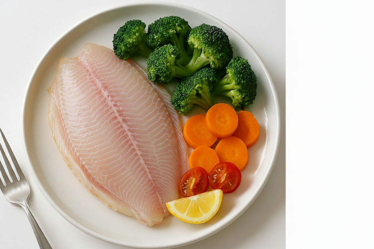 Plated dish with fish fillet, broccoli, carrots, and tomatoes on a white plate.