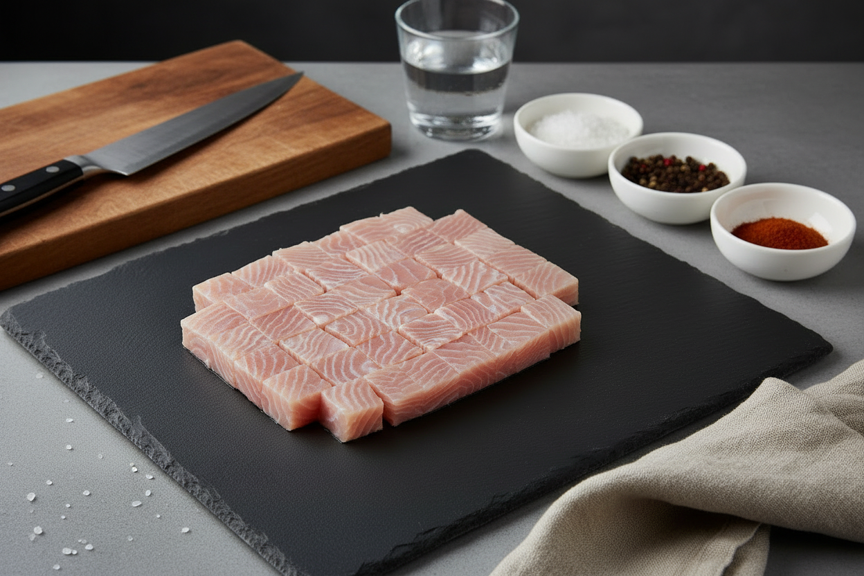 Raw fish fillet on a black slate with lemon slices, rosemary, and peppercorns, featuring nutritional information.
