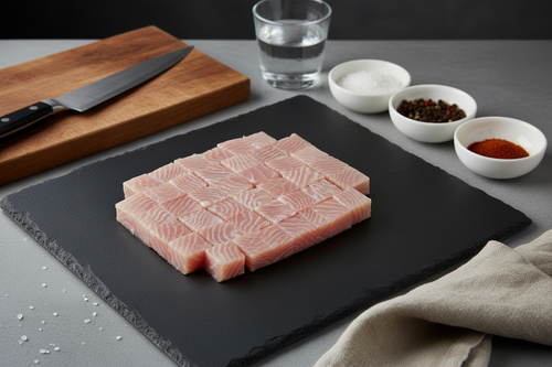 Raw fish fillet on a black slate with lemon slices, rosemary, and peppercorns, featuring nutritional information.